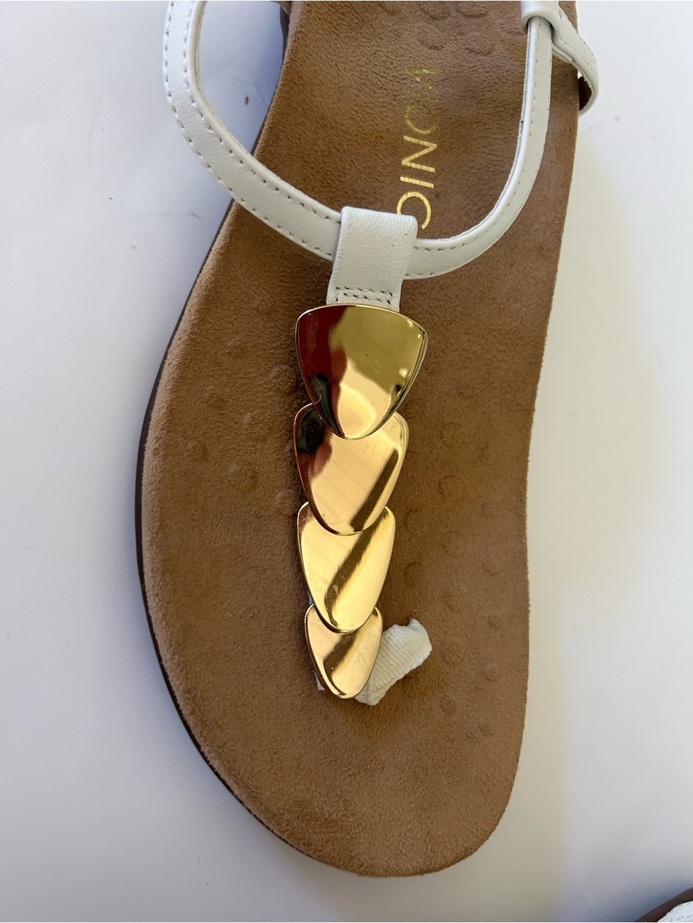 NEW White Women's T-Strap leather Sandals with Gold Accent - Picture 6 of 14